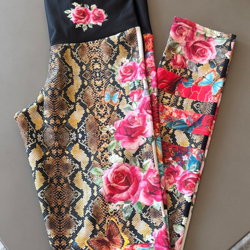 Floral Rose & Snake-Print Leggings in Pink and Brown